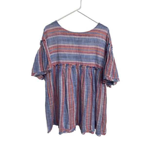 FREE PEOPLE SUMMER NIGHTS STRIPED COTTON TUNIC  MINI DRESS SHORT BELL-SLEEVE TOP - Picture 15 of 16